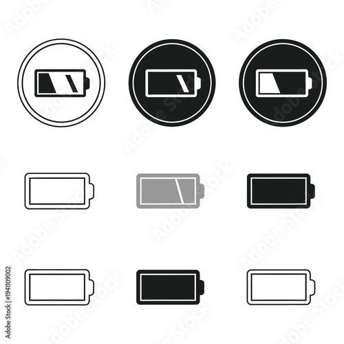 Battery icons in various styles and states of charge icon