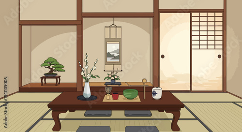 Peaceful Japanese Tea Room Interior with Bonsai and Tatami Mats