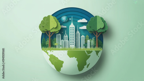Eco friendly cityscape on a green globe with trees and buildings representing sustainable urban planning and environmental conservation