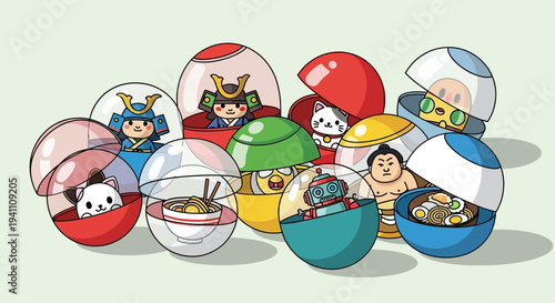 Cute Capsule Toys: Samurai, Cat, Robot, Ramen, Sumo, Chicken
