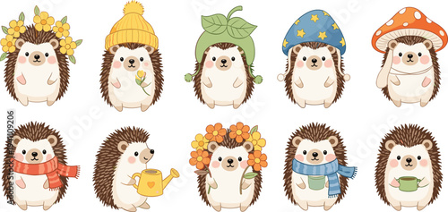 Cute Hedgehog Characters Collection with Hats Scarf Flowers Mushroom Cartoon Woodland Animal Vector Set