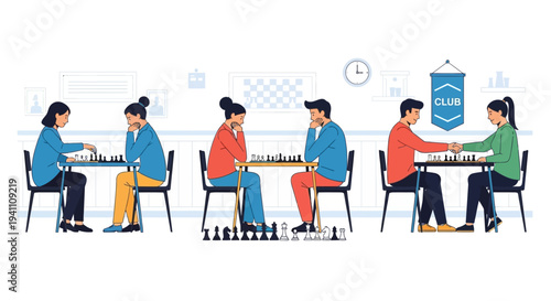 Diverse people playing chess in a club, friendly competition and strategy