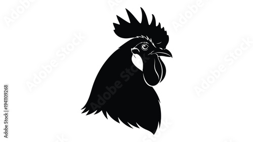 A black rooster with a large comb and wattle