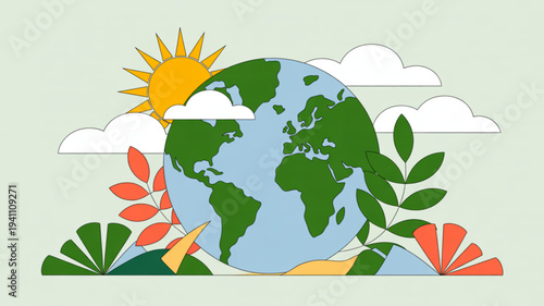 Earth with green continents surrounded by colorful leaves sun and clouds symbolizing environmental conservation and eco friendly living