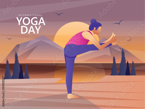 International Yoga Day A woman practices yoga Outdoors on Mat at Sunrise for Wellness and Mindfulness