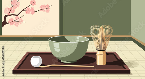 Japanese Tea Ceremony Set: Matcha Bowl, Whisk, and Scoop on Tray with Cherry Blossoms