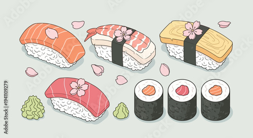 Japanese Sushi Assortment: Nigiri, Maki Rolls, Tamagoyaki, Wasabi, Cherry Blossoms