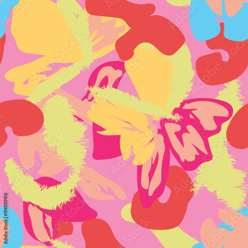 Floral Pattern Design Textile Print Fashionable Pink Yellow Red And Blue Colour Palette