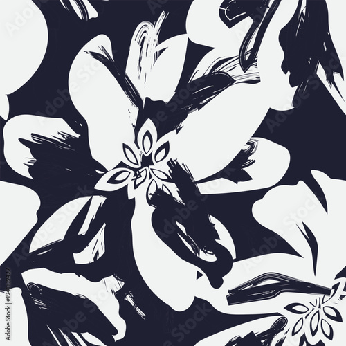 Floral Brushstroke Pattern For Fashion Textiles Abstract Flower Design In Navy And White