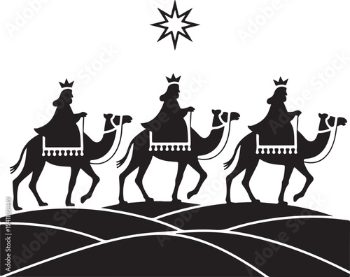 Silhouette Three Kings on Camels with Bethlehem Star – Nativity Epiphany Desert Scene Vector