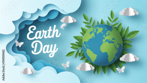 Earth day illustration with globe green leaves clouds and butterflies on blue background symbolizing environmental conservation and sustainability