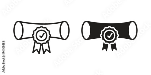 Diploma icon, line pictogram on white.