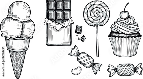Hand drawn sweets and desserts set with ice cream cone chocolate bar lollipop and candies