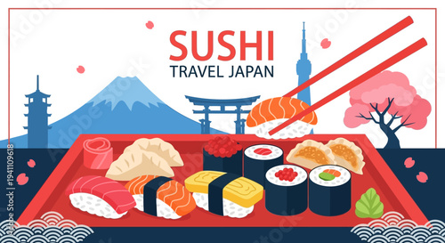 Delicious Sushi Platter with Mount Fuji and Tokyo Tower, Japan Travel Concept