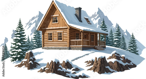 Charming wooden log cabin with a snow-covered roof and smoking chimney sits peacefully amidst the tranquil, white winter landscape of majestic mountains.