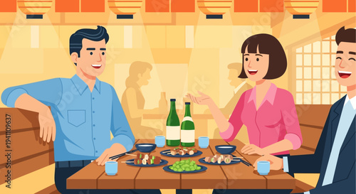 Friends enjoying dinner and drinks at a Japanese restaurant