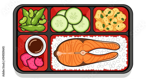 Healthy Salmon Bento Box Lunch with Edamame, Cucumber, and Pickled Ginger
