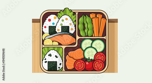 Healthy Bento Box Lunch with Salmon, Onigiri, Vegetables, and Edamame