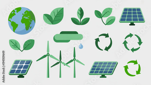 Eco friendly icons for sustainable living green energy and environmental conservation on a clean background