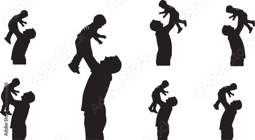 Silhouettes of fathers holding and lifting their happy children