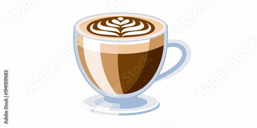 A vibrant illustration depicts a latte in a clear glass mug