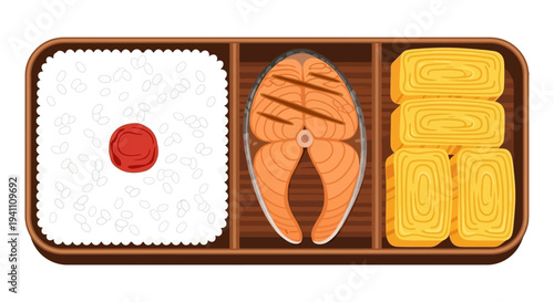 Japanese Bento Box Lunch with Grilled Salmon, Rice, and Tamagoyaki