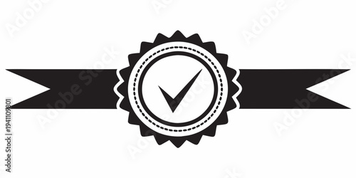 Black and white emblem featuring a checkmark within an oval frame