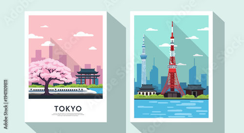 Tokyo Skyline with Cherry Blossoms and Landmarks, Flat Design