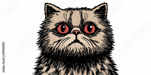 A stylized illustration of a persian cat with striking red eyes