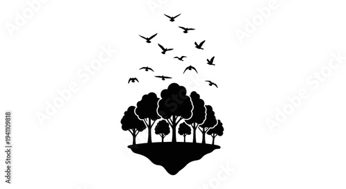 Floating island with trees and birds in a dark silhouette
