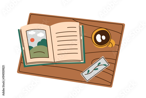 Open book with illustrations on wooden table, cozy reading scene with coffee cup and decorative bookmark. Flat cartoon vector illustration for reading hobby and self care leisure time