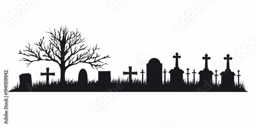Silhouette of a graveyard with bare tree against a full moon
