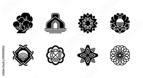 Eight ornate black designs featuring architecture and floral motifs silhouette