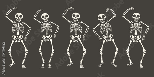 Five dancing skeletons cheerfully celebrate halloween with playful movements