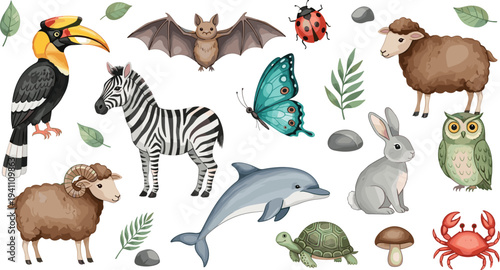 Wild and Farm Animals Vector Set with Zebra Dolphin Owl Rabbit Sheep Bat Butterfly