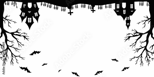 A spooky halloween scene featuring haunted houses bats and branches