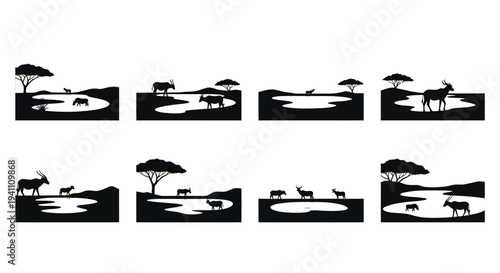 African savanna landscapes with wildlife at sunset a dark silhouette