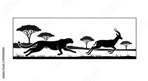 African wildlife scene with a cheetah chasing an antelope silhouette