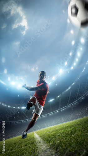 Football player is kicking a ball in the stadium. An imaginary stadium is modelled and rendered.