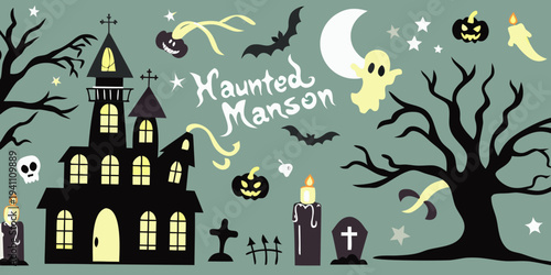 A spooky haunted mansion illustration with halloween elements and a crescent moon
