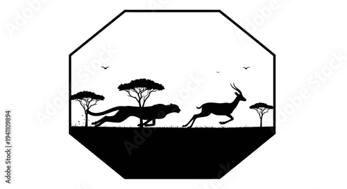 African wildlife scene with a cheetah and gazelle bold silhouette