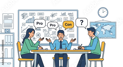 Business meeting discussing pros and cons with whiteboard and world map