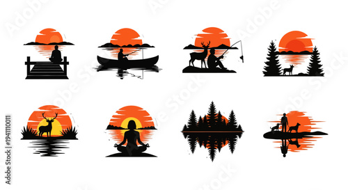 Outdoor adventure sticker set featuring scenic sunset silhouettes