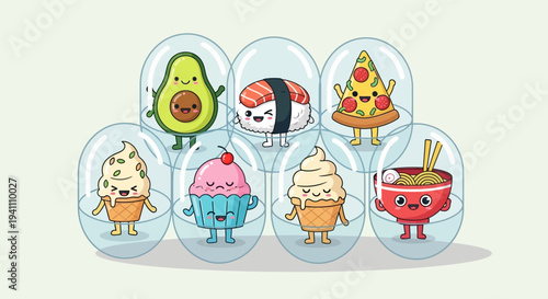 Cute Kawaii Food Characters in Capsules: Sushi, Pizza, Avocado, Ice Cream, Cupcake, Ramen