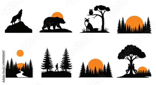 North american wildlife and landscape scenes in black silhouette