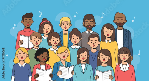 Diverse choir singing together, joyfully performing music with sheet music