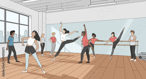 Diverse group of people practicing ballet dance in a bright studio with mirrors and barres