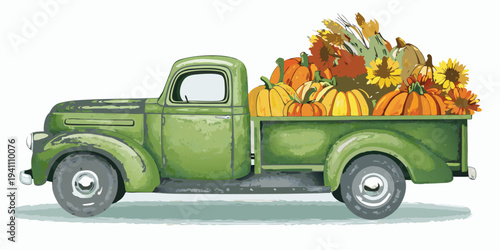 Vintage green truck filled with autumn pumpkins and vibrant sunflowers