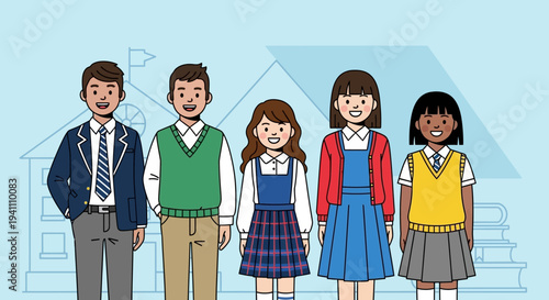 Diverse students in school uniforms standing in front of a school building