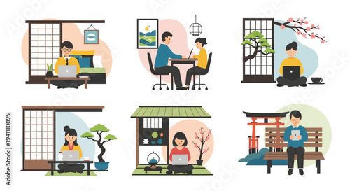 Diverse people working remotely in Japanese-inspired settings